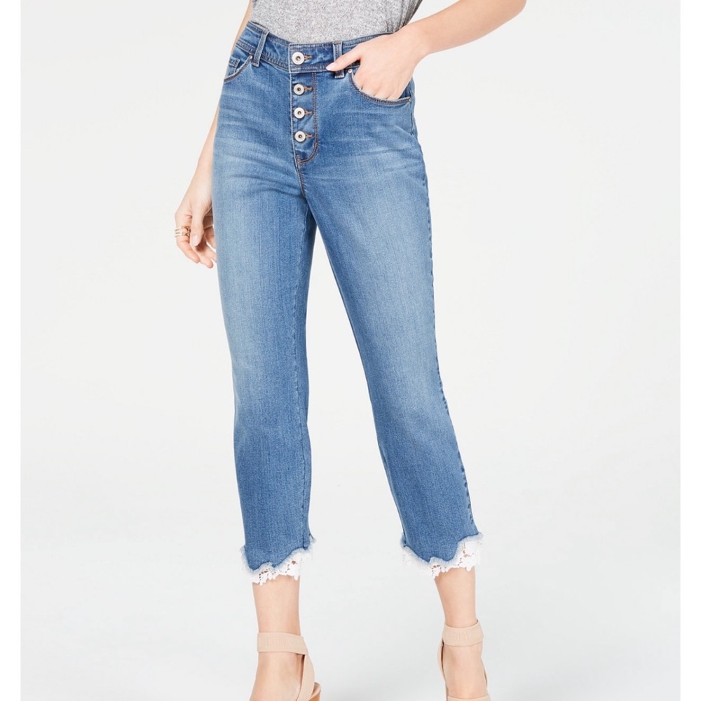 INC Cropped Lace Trimmed Button-Fly Jeans NWT 14P